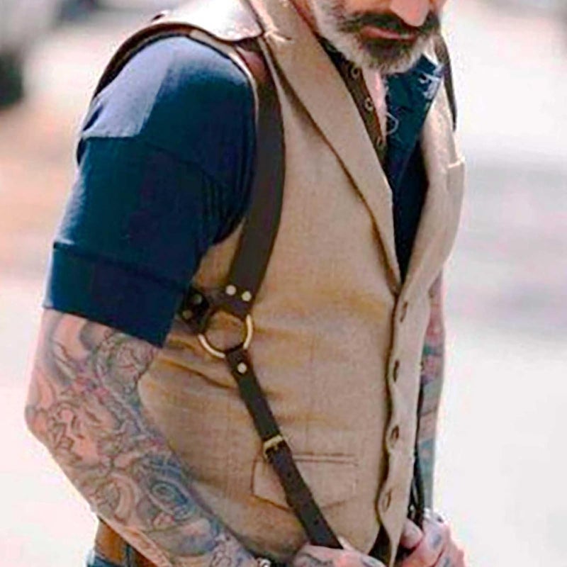 Fstrend Men's Leather Suspender, Adjustable Brown Faux Leather Shoulder Strap, Punk Body Belt for Clubwear, Cosplay and Party - Image 3